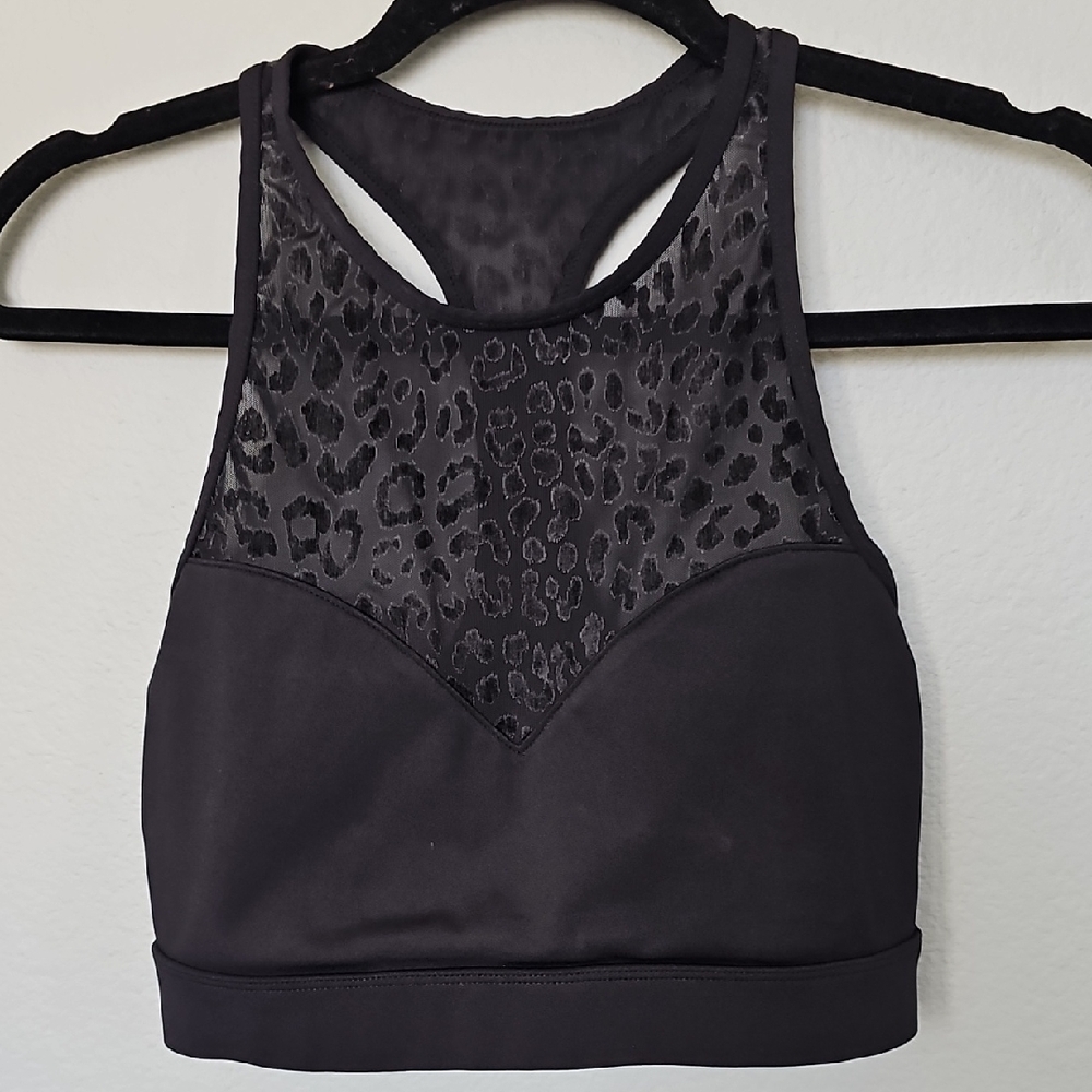 Kate Spade Black Flocked Leopard Print High Neck Racerback Sports Bra Small